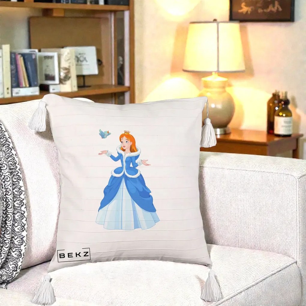 Perna Personalizata Printesa Albastra cu Pasare, 40x40 cm, Bej cu Franjuri, Husa Detasabila, Perna Inclusa, BEKZ®