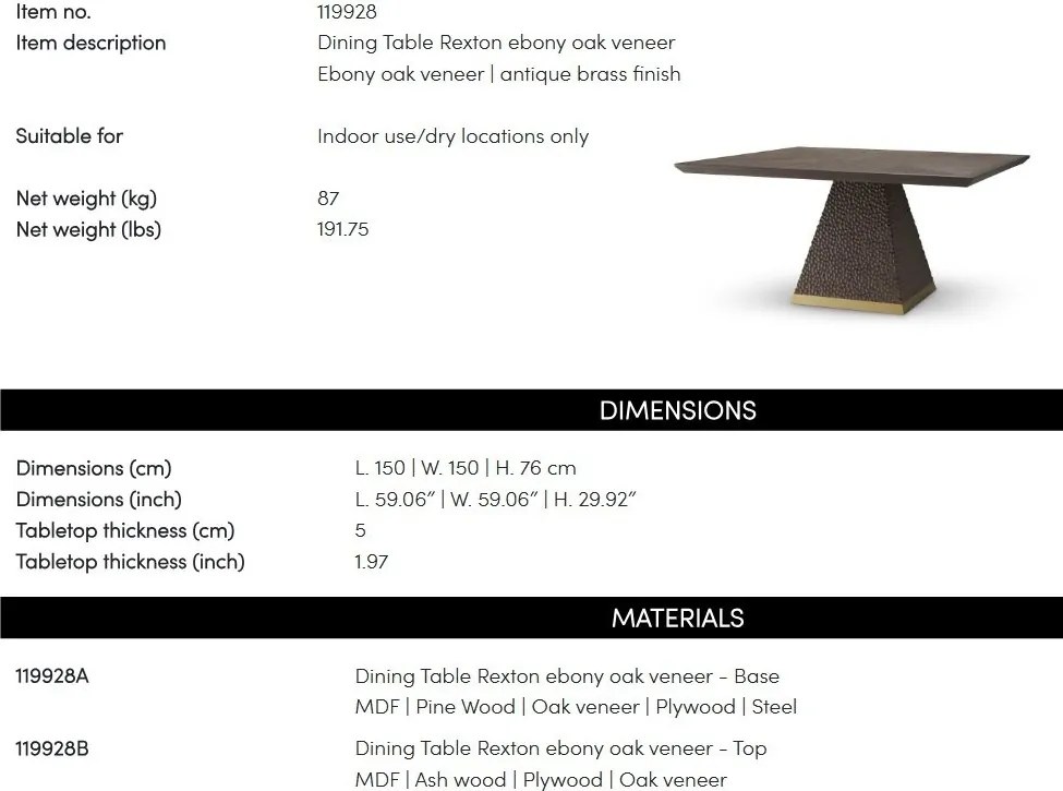 Masa dining design LUX Rexton 150x150cm, Ebony oak veneer