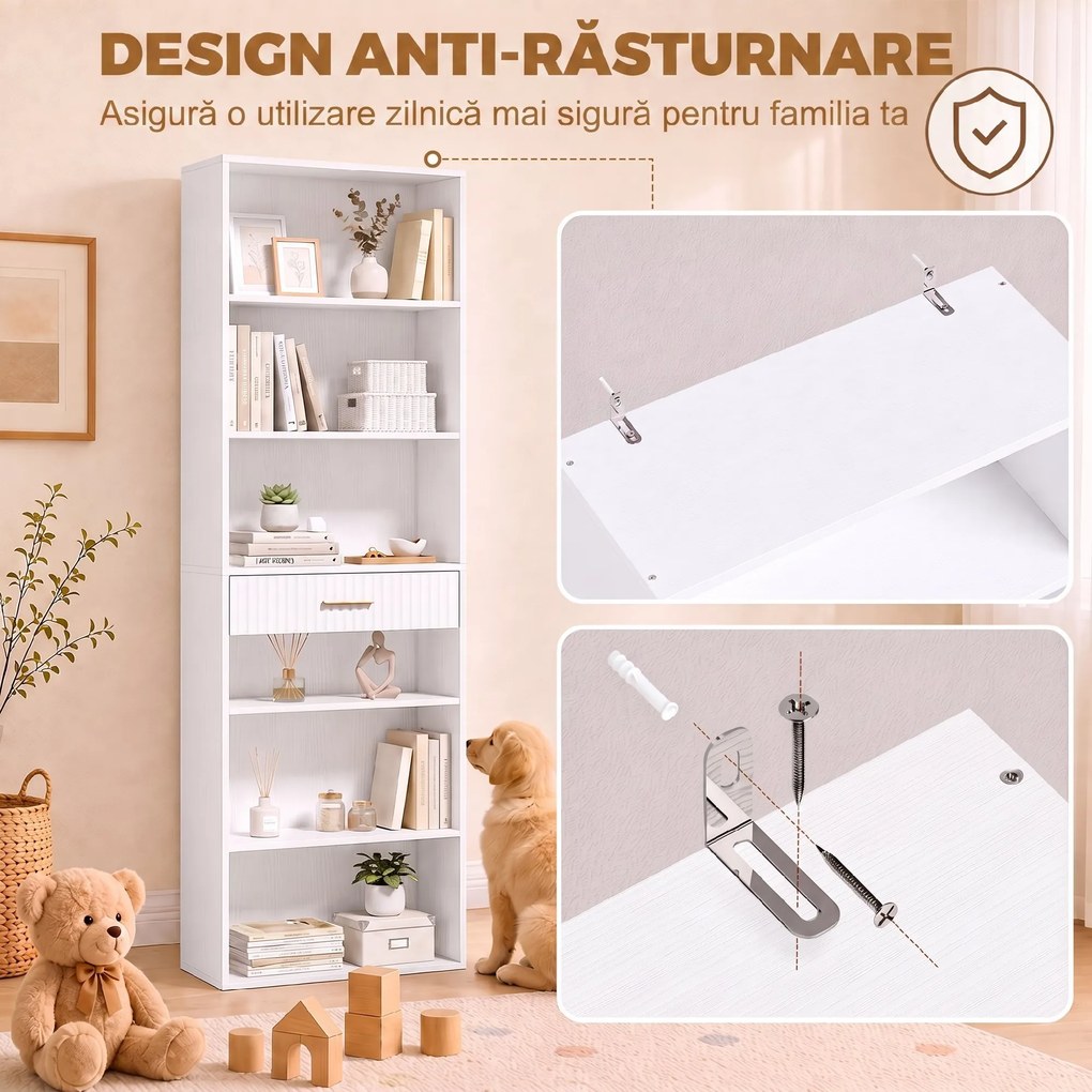 HOMCOM Bibliotecă Înaltă cu Cuburi, 7 Niveluri cu Sertar, MDF, 60x24x182 cm, Alb | Aosom Romania