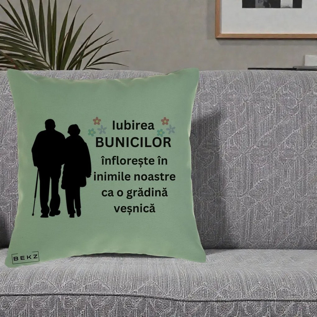 Cadou pentru Bunici - Perna Personalizata Bunicii Iubirea Infloreste Silueta Neagra Flori, 40x40 cm, Verde, Husa Detasabila, Perna Inclusa, BEKZ®