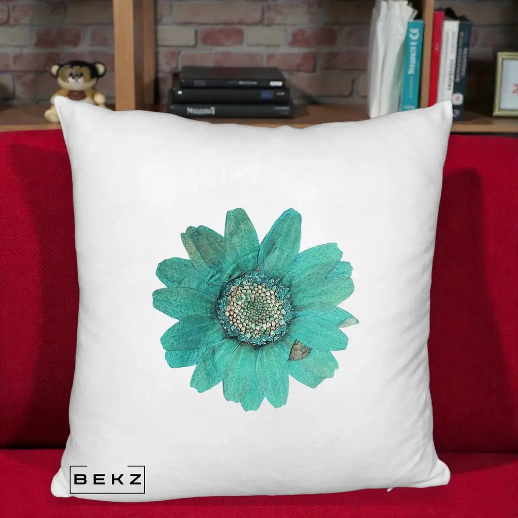 Perna Decorativa Floare Gerbera Teal Acuarela, 40x40 cm, Alb Pufos, Husa Detasabila, Perna Inclusa, BEKZ®