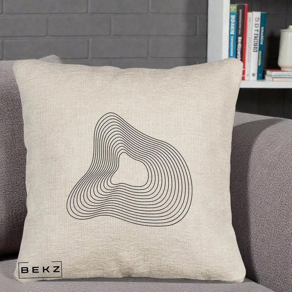 Perna Decorativa Abstract Linii Organice, 40x40 cm, Bej Canapea, Husa Detasabila, Perna Inclusa, BEKZ®