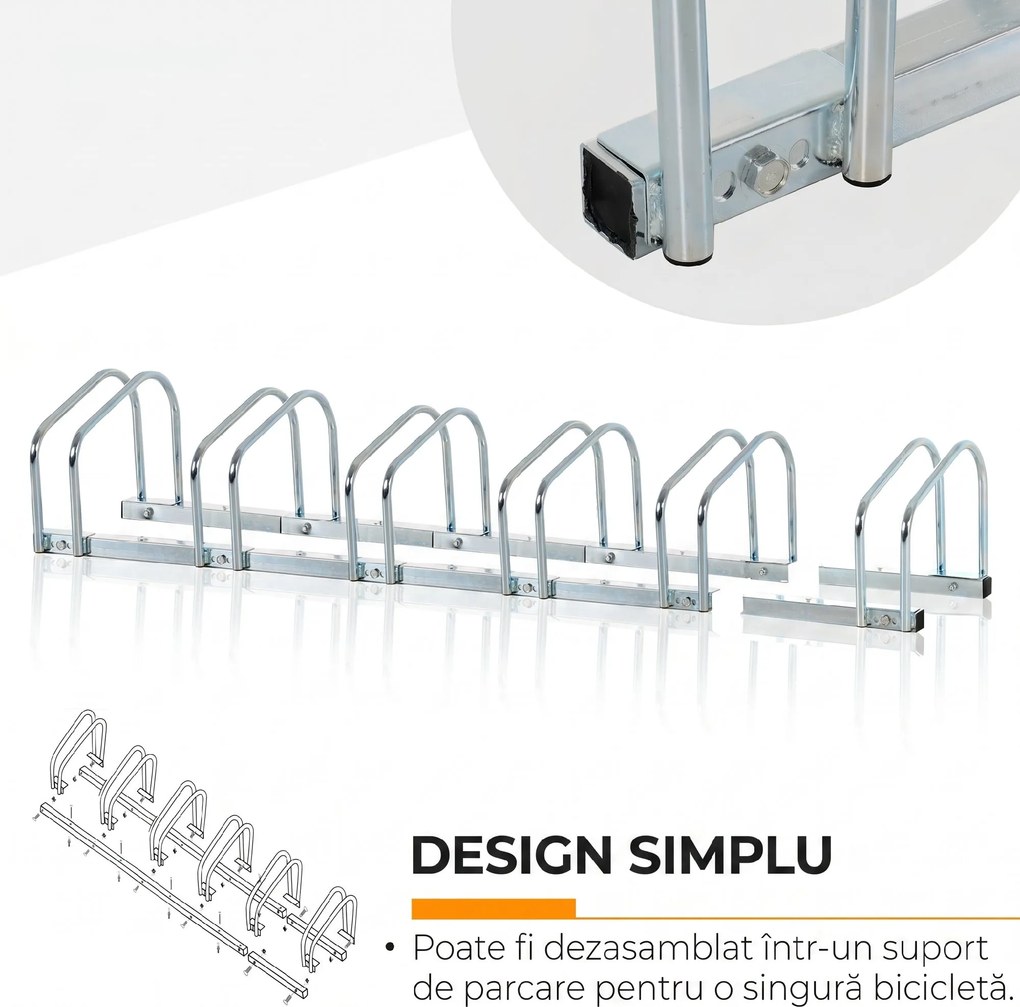 Suport de parcare pentru 6 biciclete din tuburi de otel Q235, 179x33x27cm, argintiu HOMCOM | Aosom Romania