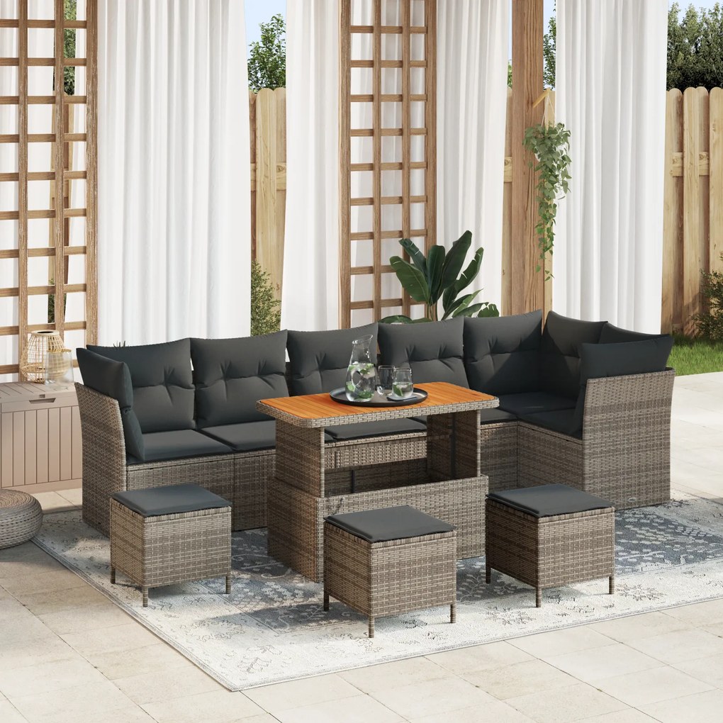 vidaXL Set de canapele pentru grădină, 10 piese, cu perne, gri, din ratan sintetic, din acacia