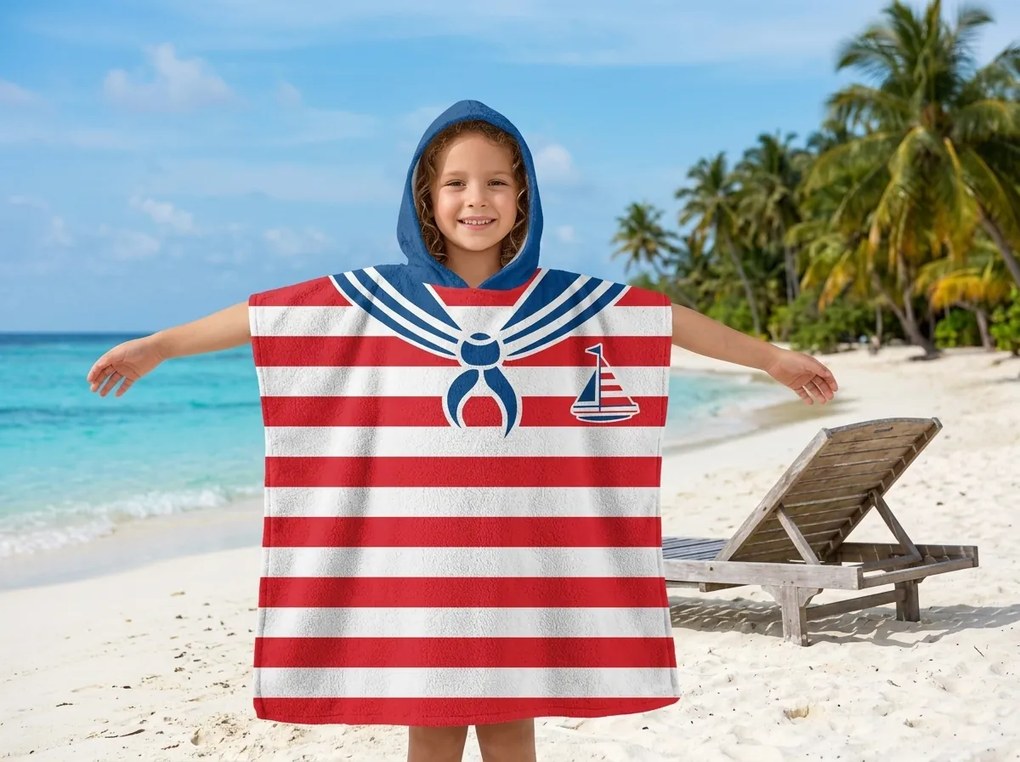 Poncho pentru copii SAILOR alb-rosu
