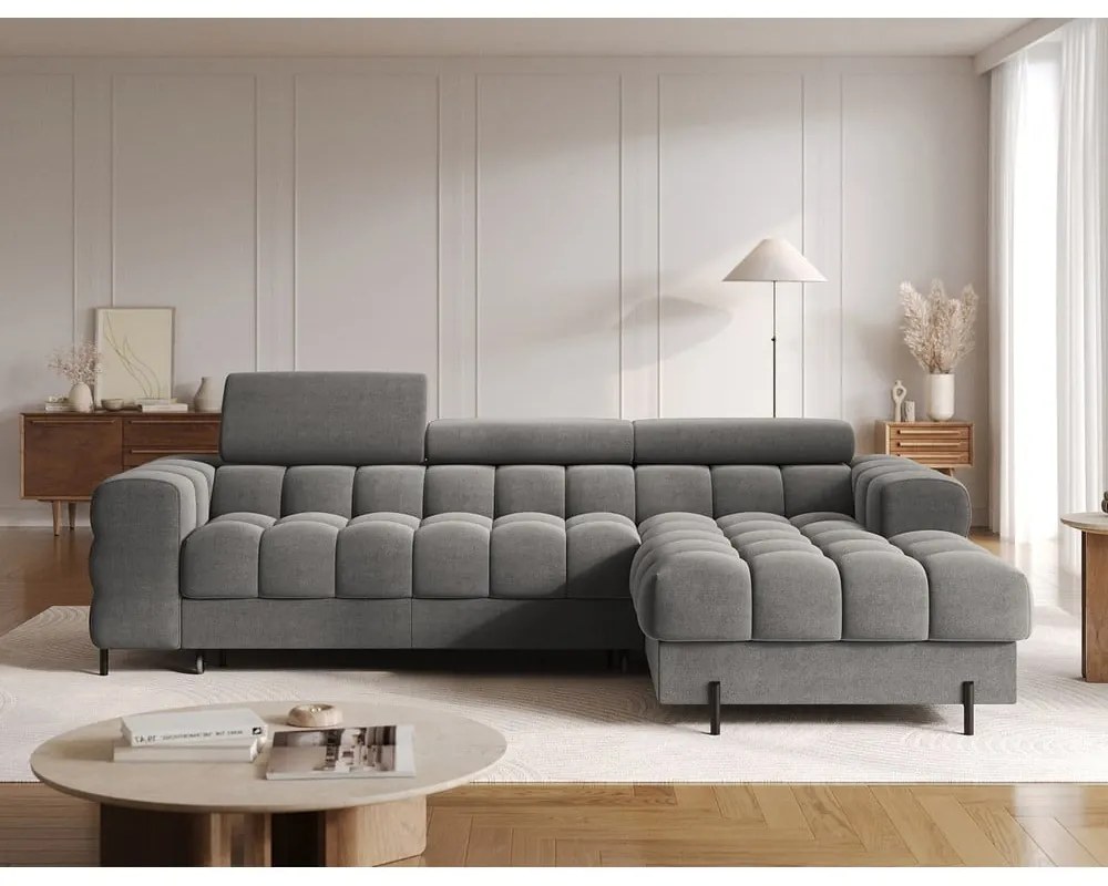 Colțar taupe extensibil/cu spațiu de depozitare cu tapițerie din catifea (cu colț pe partea dreaptă/cu șezlong) Felro – ELTAP