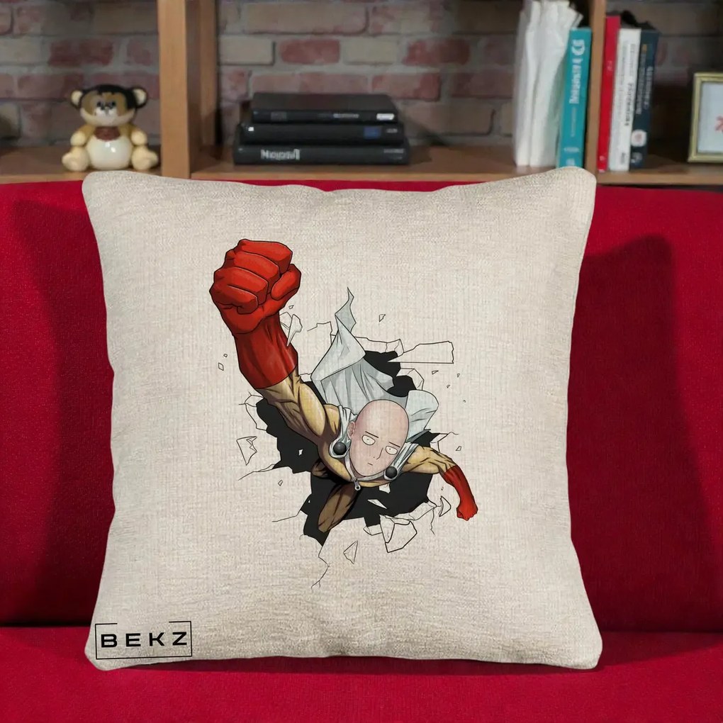 Perna Personalizata One Punch Man Saitama Pumn, 40x40 cm, Bej Canapea, Husa Detasabila, Perna Inclusa, BEKZ®