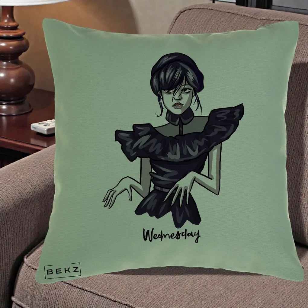Perna Personalizata Wednesday Addams Dans Gotic, 40x40 cm, Verde, Husa Detasabila, Perna Inclusa, BEKZ®