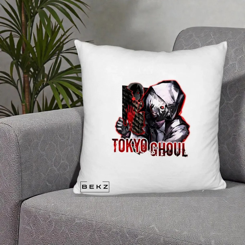 Perna Personalizata Tokyo Ghoul Ken Kaneki Anime, 40x40 cm, Alb Pufos, Husa Detasabila, Perna Inclusa, BEKZ®