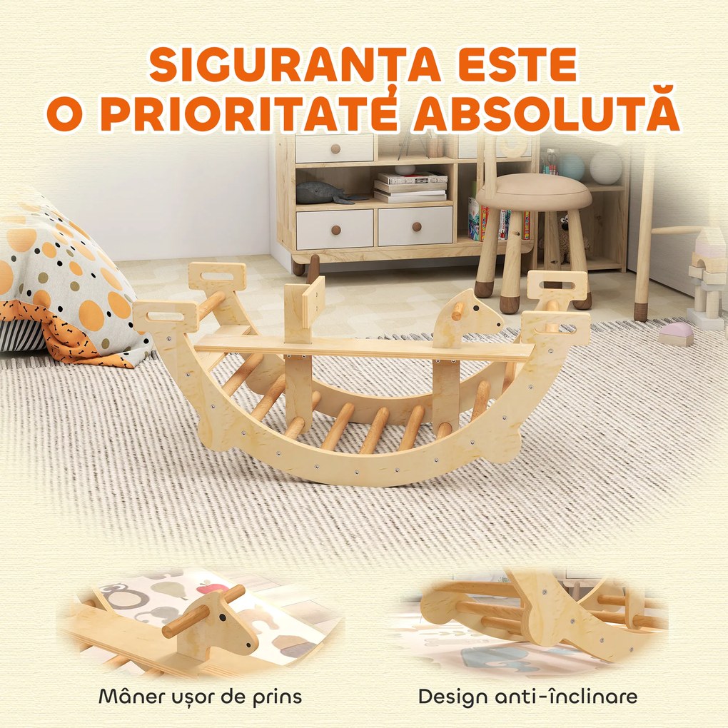 AIYAPLAY Arc Montessori din Lemn pentru Copii 2-4 Ani, Convertibil în Balansoar, Joc de Cățărare, 110x52x45 cm, culoare Lemn | Aosom Romania