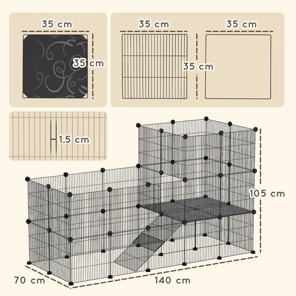 PawHut Țarc Modular pentru Animale de Companie de Talie Mică, cu 39 de Panouri și Accesorii, 140x70x105 cm, Negru | Aosom Romania