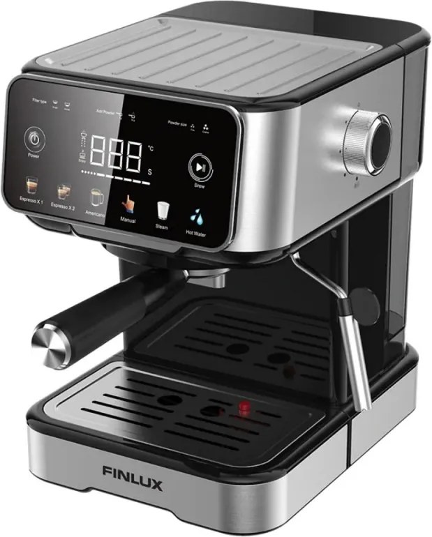 Espressor manual pentru cafea macinata Finlux FEM-1655BS, 1100 W, 20 bar, 1,5 l, Ecran tactil, Bloc termic, Duza de abur, Argintiu/Negru