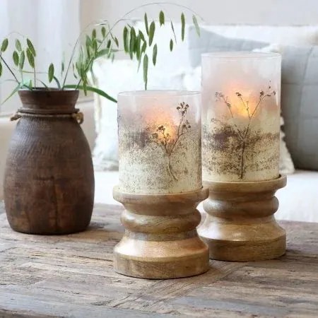 Suport pentru lumânare cu decor din flori uscate, H32 cm, "Antique Mocca"
