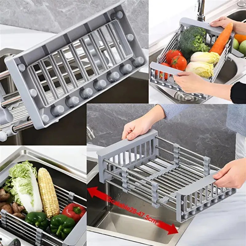 Resigilat: Suport reglabil de depozitare si scurgere Sinkmate, Instalare usoara, Compact, Pana la 10 kg, Gri/Argintiu