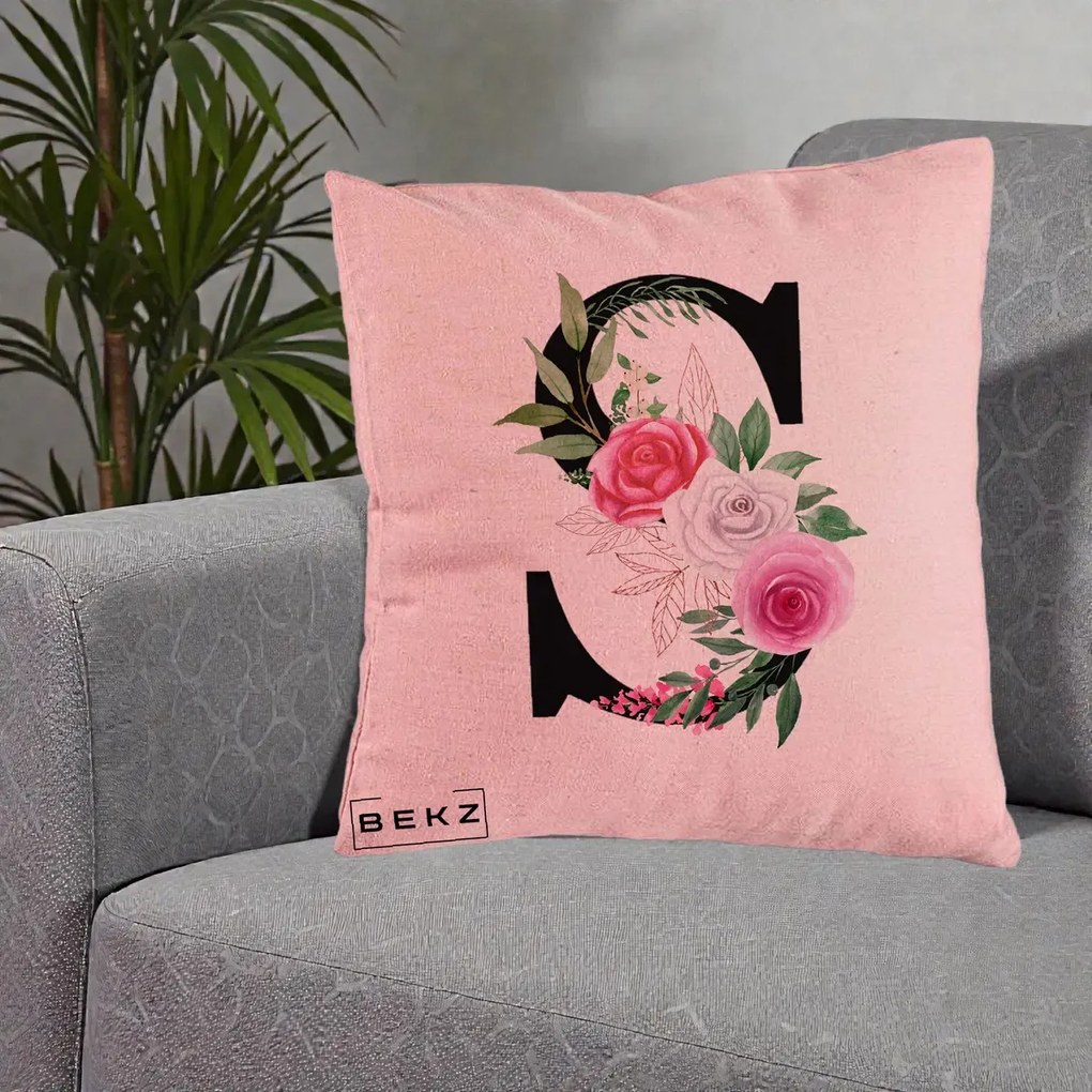Cadou Personalizat - Perna Personalizata Monograma Florala Litera S, 40x40 cm, Roz, Husa Detasabila, Perna Inclusa, BEKZ®
