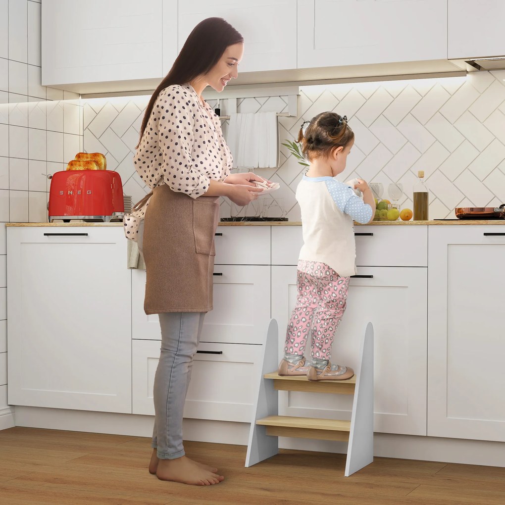 AIYAPLAY Taburet Montessori pentru Copii cu 2 Trepte, Scăunel pentru 3-8 Ani cu Margini Rotunjite, Alb | Aosom Romania