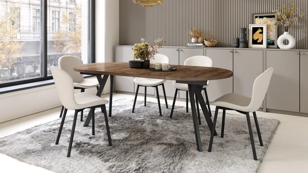 Mazzoni ALMO Nuc Elegant/picioare negre - MASĂ ROTUNDĂ EXTENSIBILĂ CU PICIOARE ÎN FORMĂ DE Y STIL LOFT PENTRU SALON/SUFRAGERIE