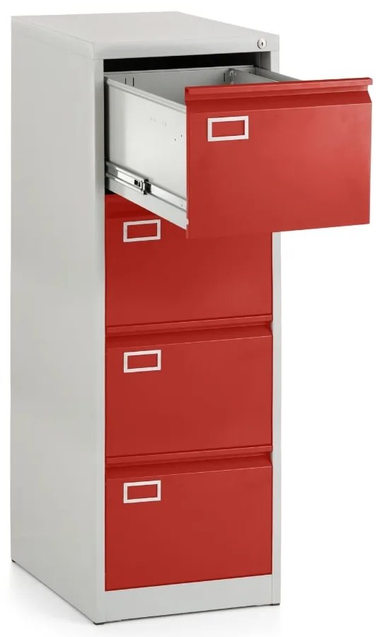 Dosar metalic A4 - 4 sertare, 45,5 x 62 x 132 cm, încuietoare cilindru, roșu - ral 3000