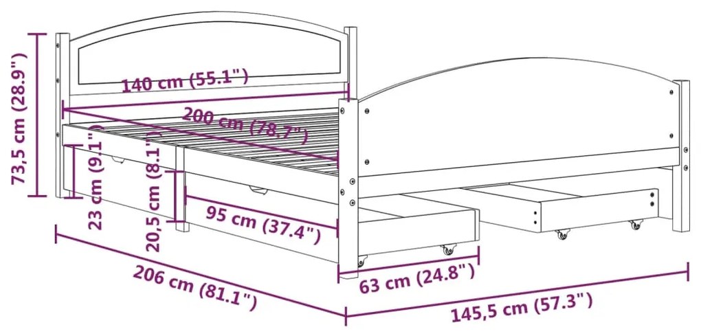 Cadru pat cu 4 sertare, gri inchis, 140x200 cm, lemn masiv pin Morke gra, 140 x 200 cm, 4 Sertare