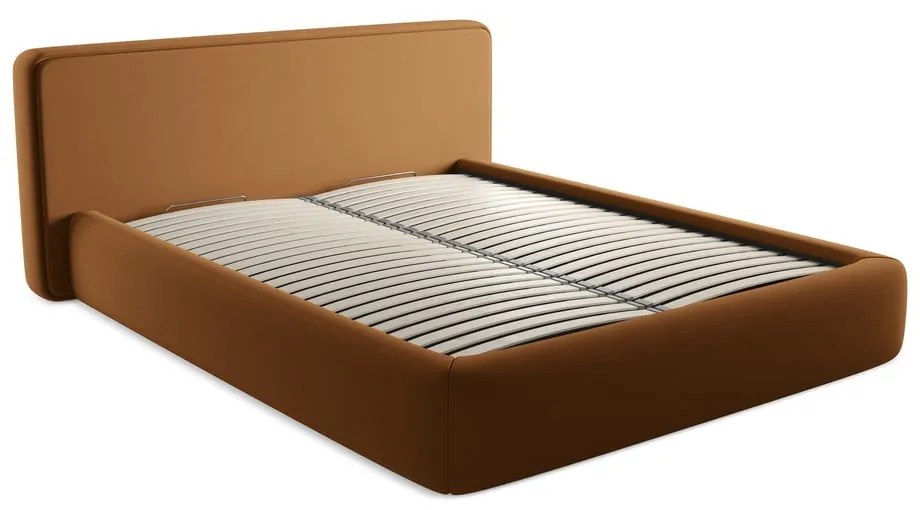 Pat matrimonial teracotă tapițat cu spațiu de depozitare cu somieră 160x200 cm Kiana – Makamii