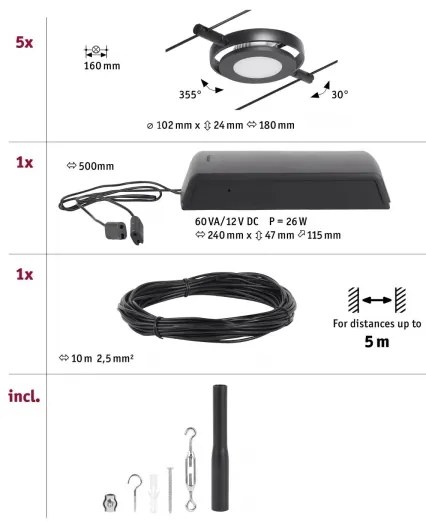 Paulmann 94418 - Set 5x LED/4,5W sistem complet cu cablu ROUNDMAC 230V negru