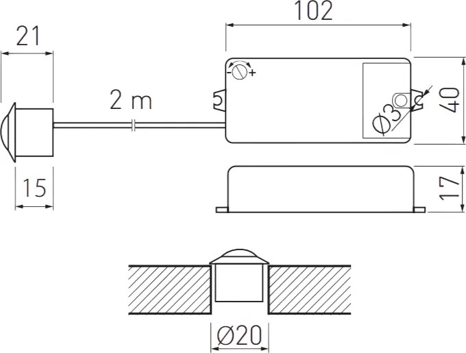 Întrerupător cu senzor de mișcare PIR GTV pentru iluminat LED, 250W, 100-240V AC, IP20, alb, cablu 2 m 250 W, 240 V, 2 m, Alb