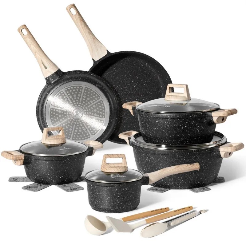 Set oale si tigai Just Perfecto JL-27, 15 piese, Aluminiu turnat, Acoperire din marmura, Inductie, Accesorii, Dark graphite
