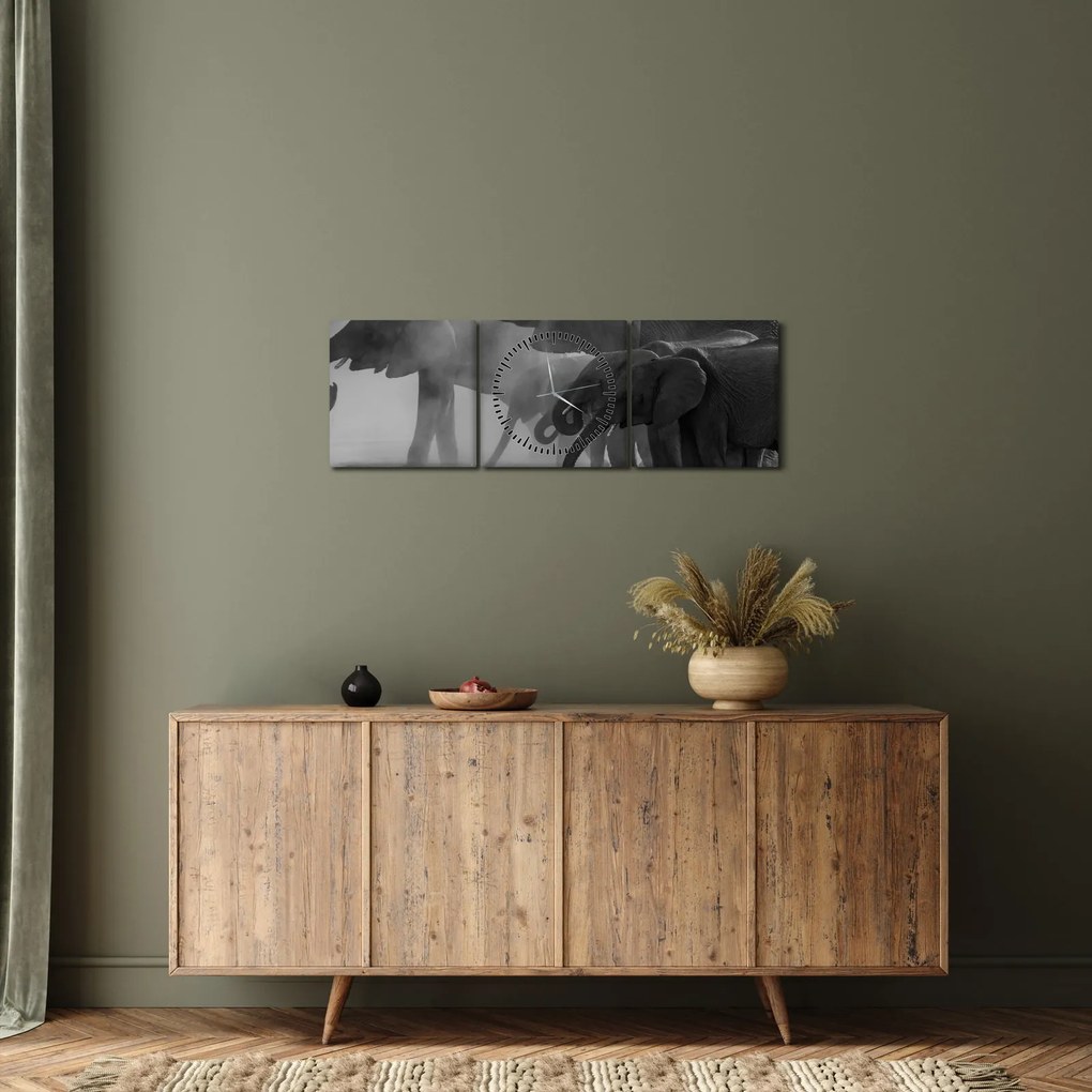 Tablou cu elefanți - albnegru (cu ceas) (90x30 cm)