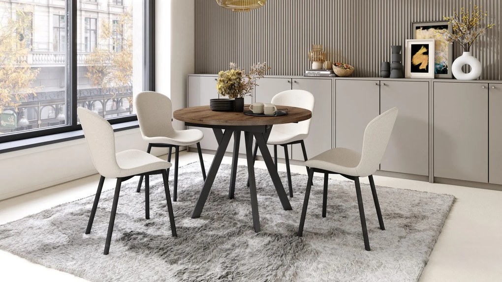 Mazzoni ALMO Nuc Elegant/picioare negre - MASĂ ROTUNDĂ EXTENSIBILĂ CU PICIOARE ÎN FORMĂ DE Y STIL LOFT PENTRU SALON/SUFRAGERIE