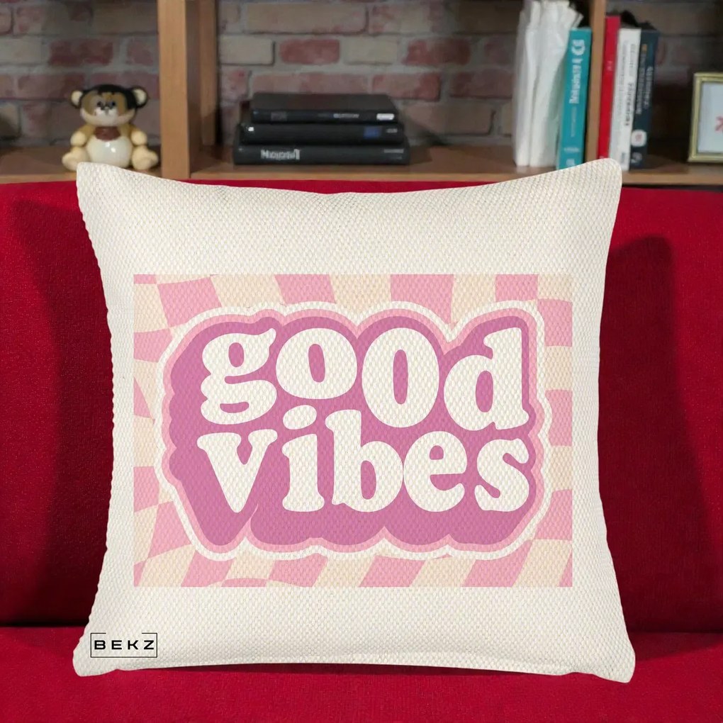 Perna Decorativa Good Vibes Retro Roz, 40x40 cm, Crem Reliefat, Husa Detasabila, Perna Inclusa, BEKZ®