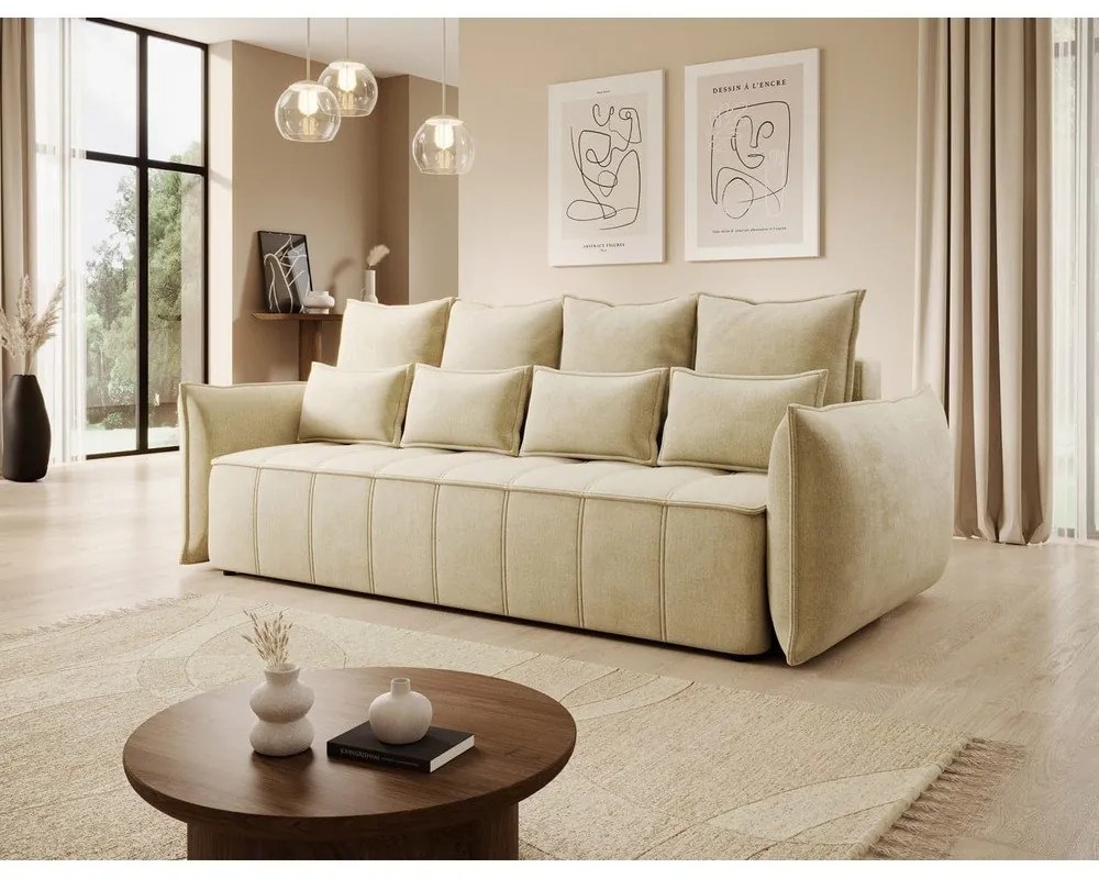 Canapea bej extensibilă/cu spațiu de depozitare cu tapițerie din catifea 242 cm Weltton – ELTAP
