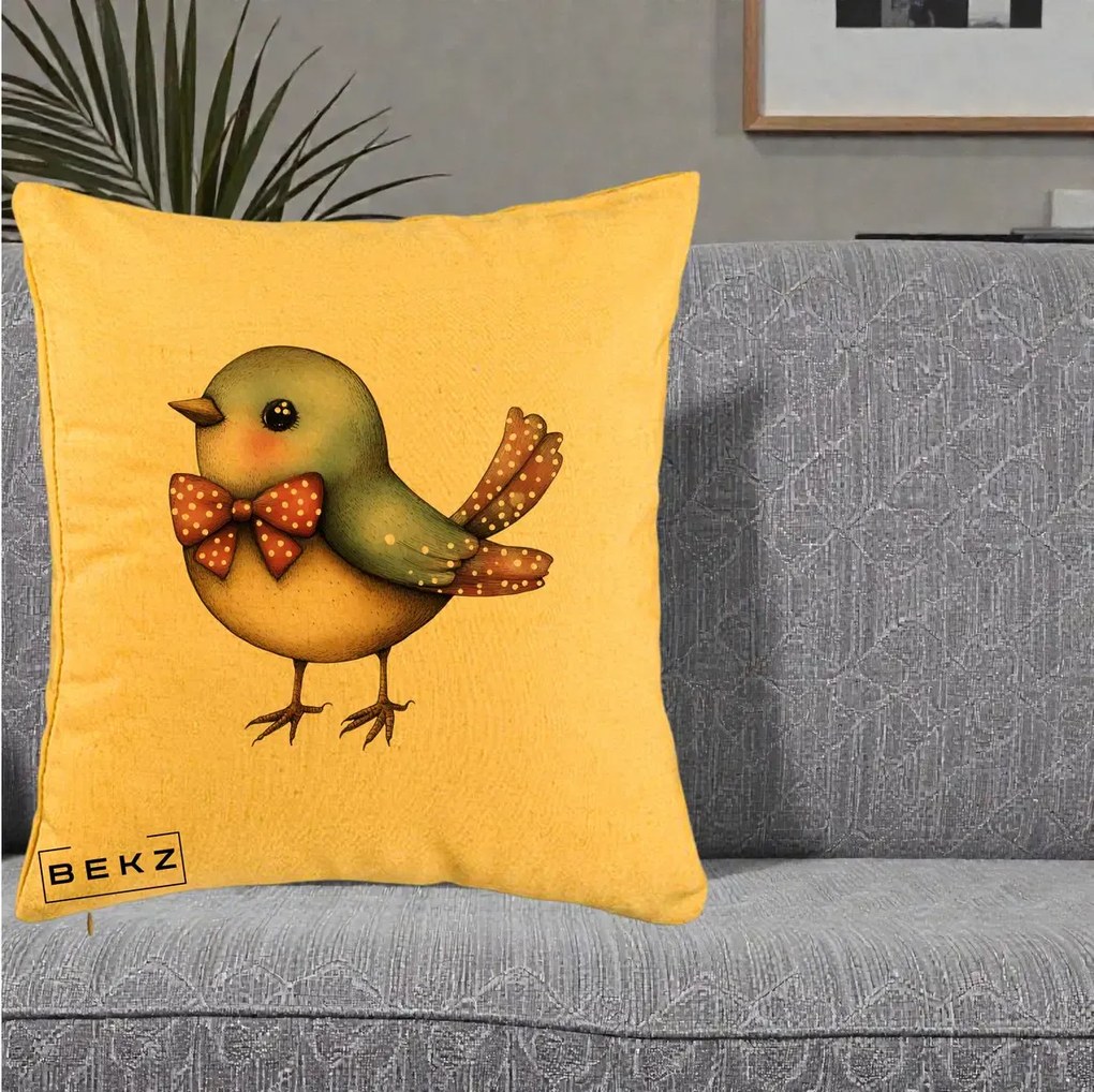 Perna Decorativa Pasare Bleu cu Fundita Rosie, 40x40 cm, Galben, Husa Detasabila, Perna Inclusa, BEKZ®
