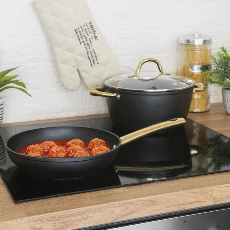 Oala cu capac Galileo Premium SChef 5916675, 20 cm, 1,8 l, Margine intarita, Acoperire antiaderenta PPG, Fara PFOA si nichel, Toate plietele inclusiv inductie, Negru/Auriu