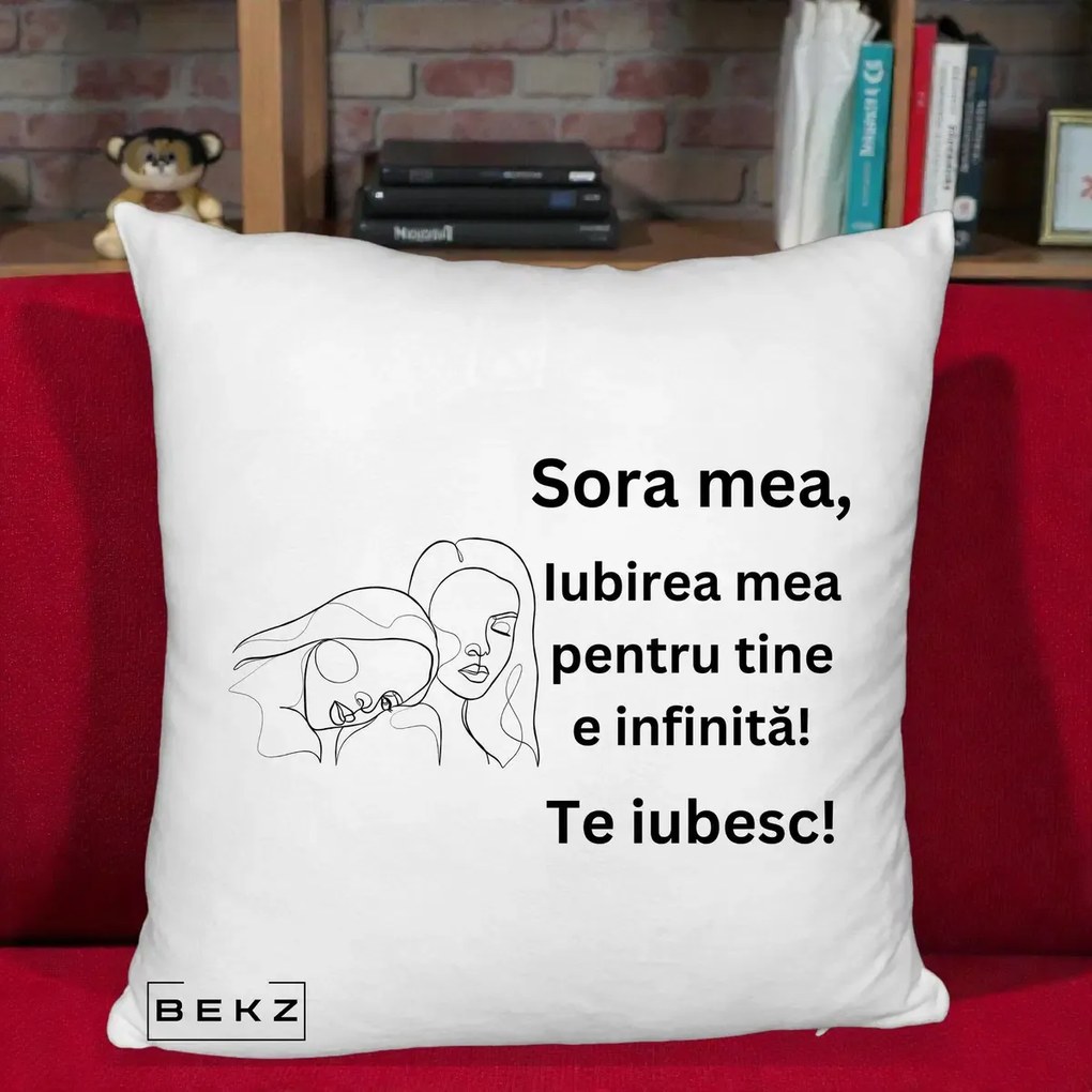 Cadou pentru Sora - Perna Personalizata Sora Mea Te Iubesc Line Art Portrete Fata in Fata, 40x40 cm, Alb Pufos, Husa Detasabila, Perna Inclusa, BEKZ®