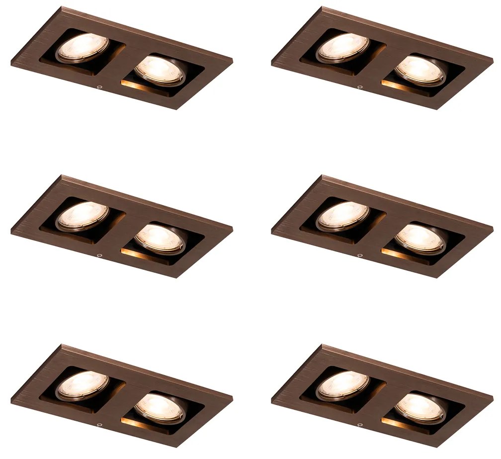 Set de 6 spoturi încastrate bronz închis dreptunghiulare cu 2 lumini reglabile - Qure