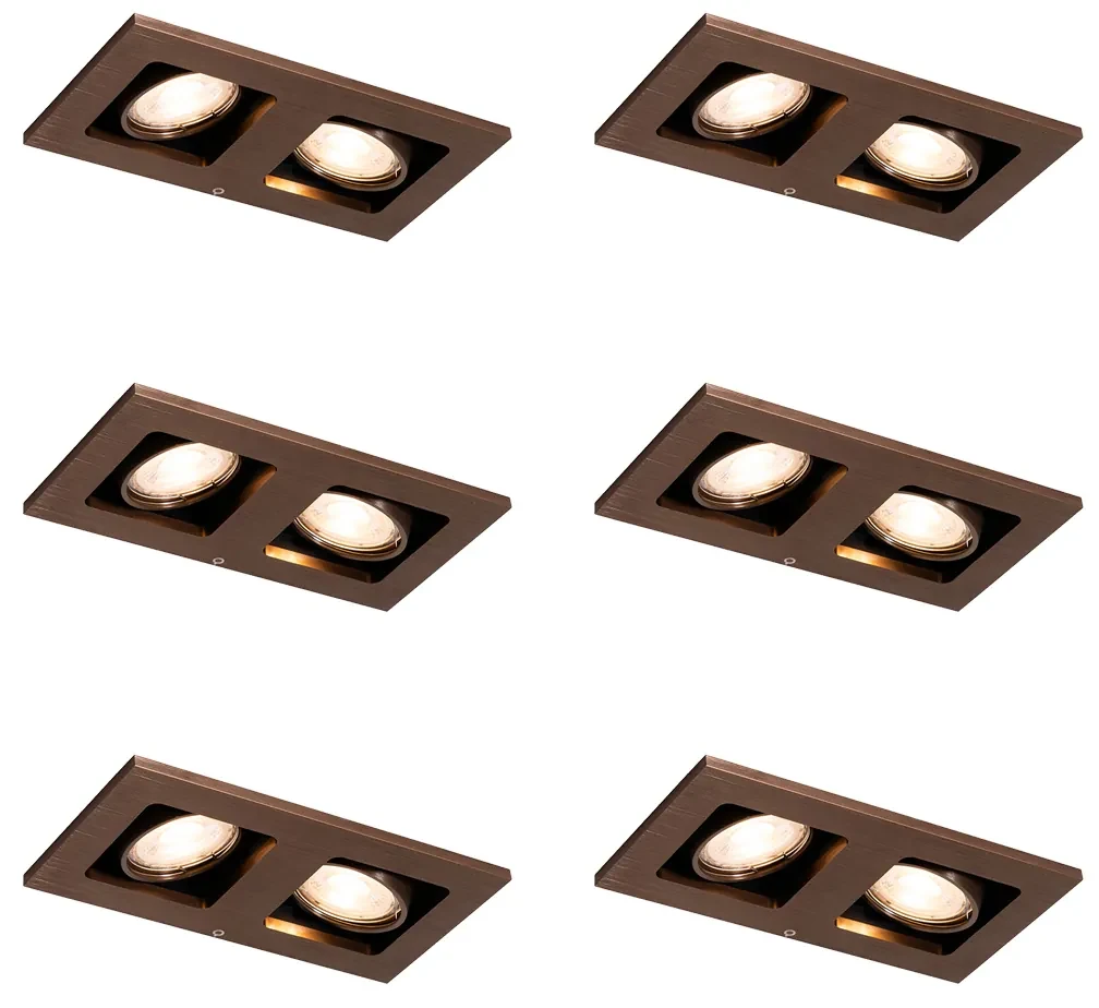 Set de 6 spoturi încastrate bronz închis dreptunghiulare cu 2 lumini reglabile - Qure