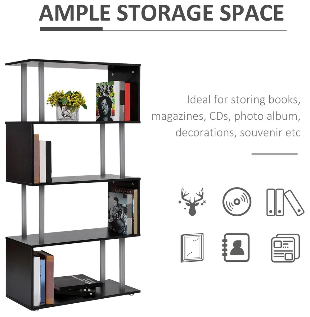 Homcom Bibliotecă cu Design Modern 4 Rafturi, Neagră, 80x30x145cm