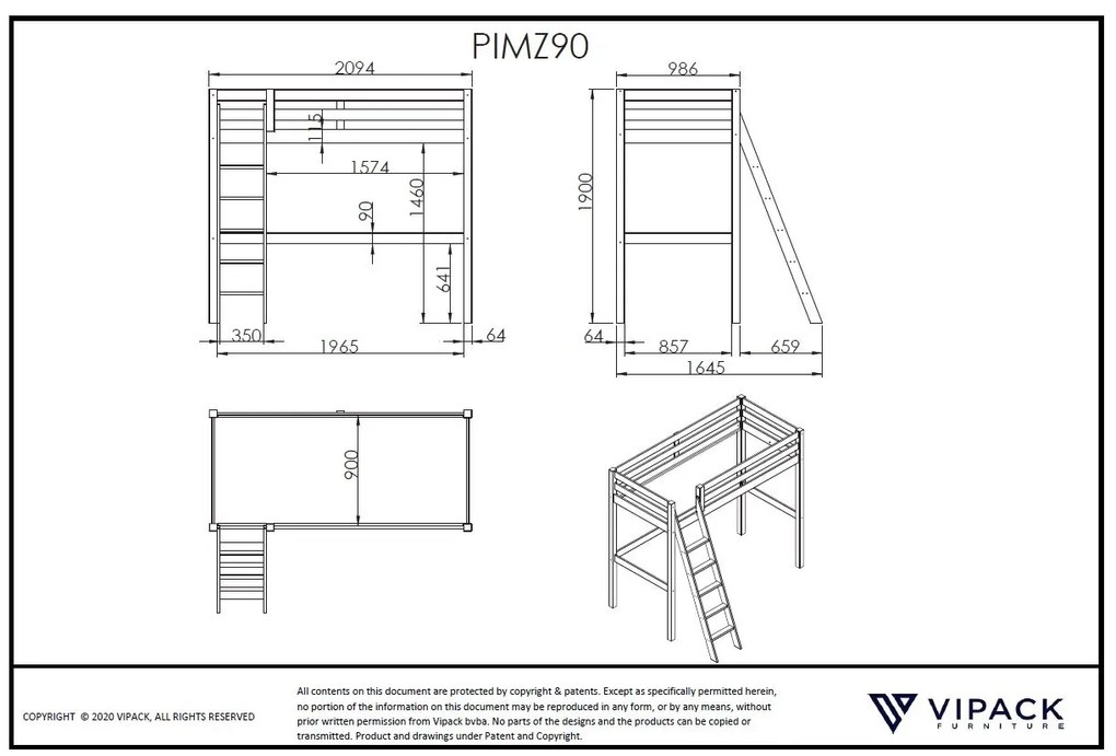 Pat copii PINO LOFT 90 X 200 CM ALB