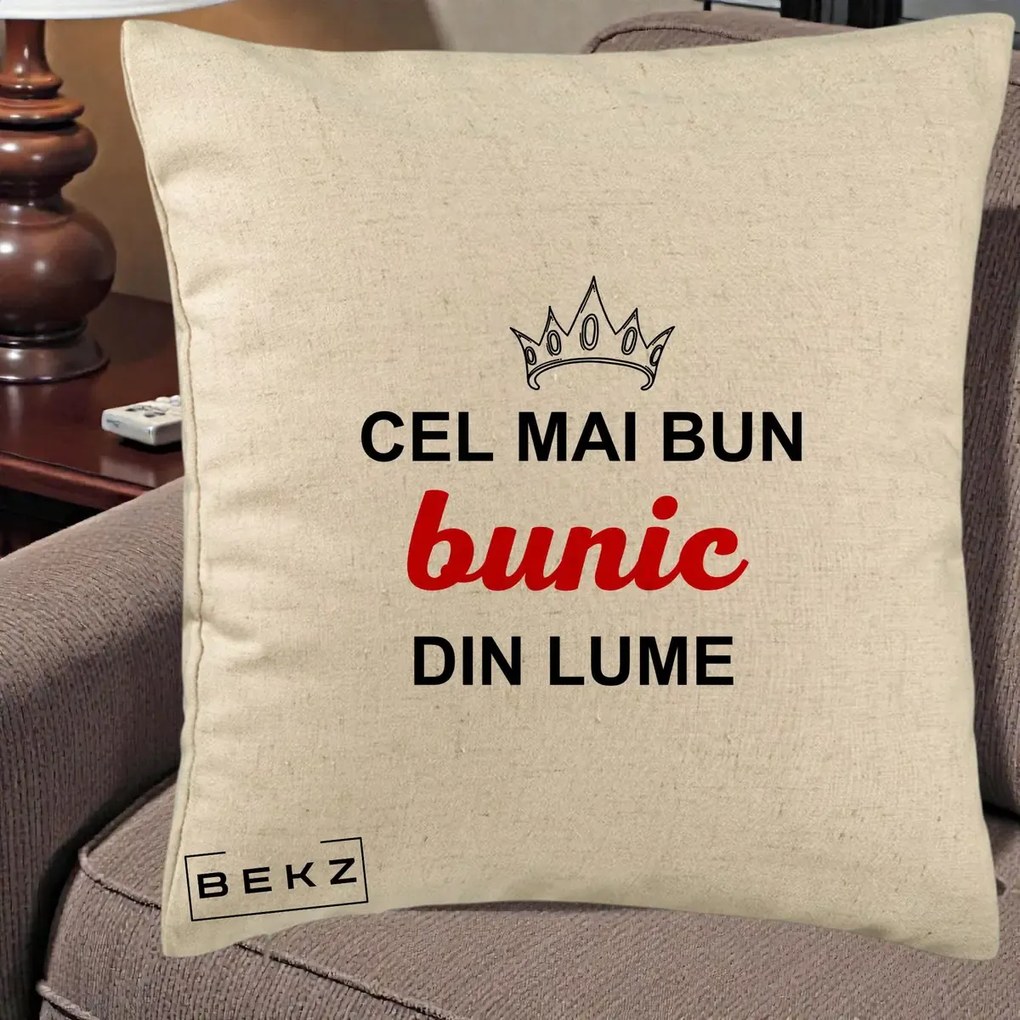 Cadou pentru Bunic - Perna Personalizata Cel Mai Bun Bunic Din Lume Coroana Rosu, 40x40 cm, Bej, Husa Detasabila, Perna Inclusa, BEKZ®