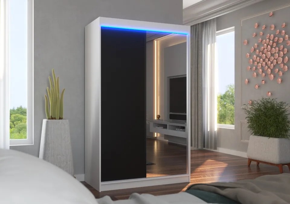 Dulap cu usi glisante si oglinda + iluminare LED, Rewena 120 + LED, 120 cmx200 cmx58 cm, ADRK Furniture (Culoare: Negru)