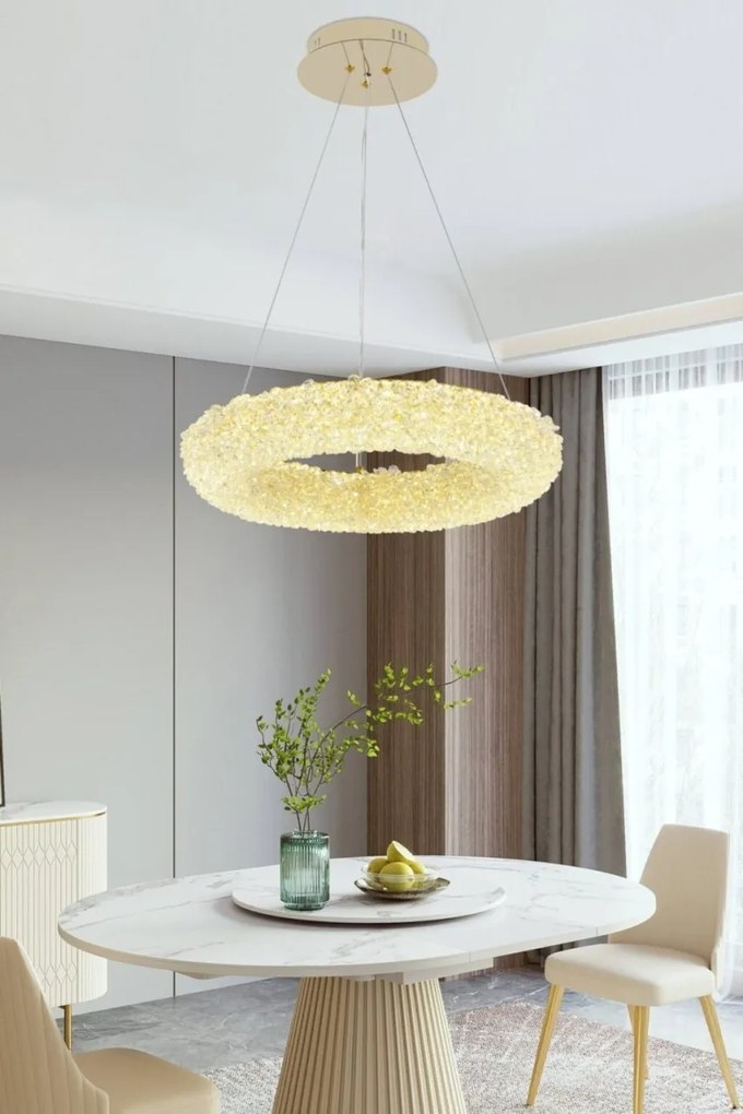 Lustră LED Suspendată cu Telecomandă – 3 Tipuri de Lumină, Intensitate Reglabilă, Design Auriu Modern, Ø40 cm
