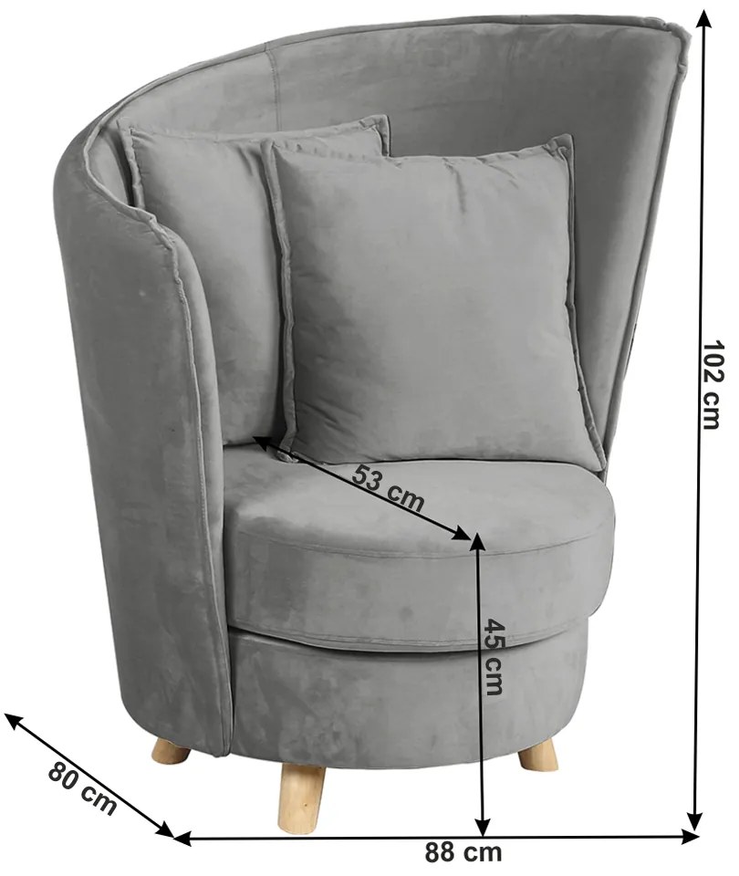 Fotoliu în stil Art Deco, catifea Velvet gri deschis/stejar, ROUND