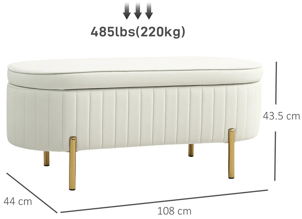 HOMCOM Bancă de Depozitare de Intrare Ovală 72L, Design Canelat cu Capac Rabatabil și Scaun Capitonat, Bancă de la Capătul Patului, Pouf, în Velur și cu Picioare din Lemn de Pin, 108x44x43.5 cm, Crem | Aosom Romania