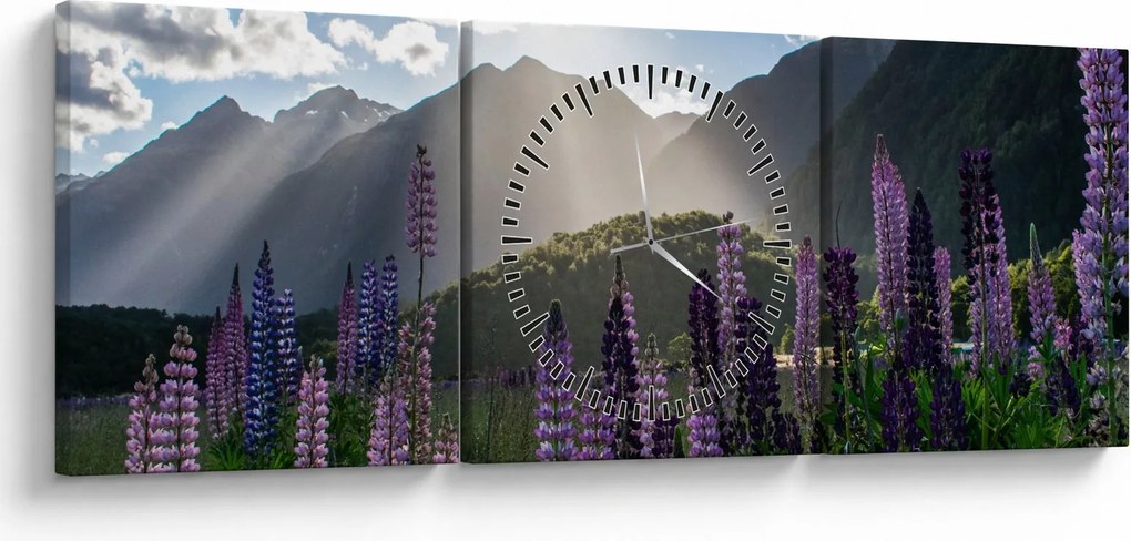 Tablou - scenariu cu flori de Lupin (cu ceas) (90x30 cm)