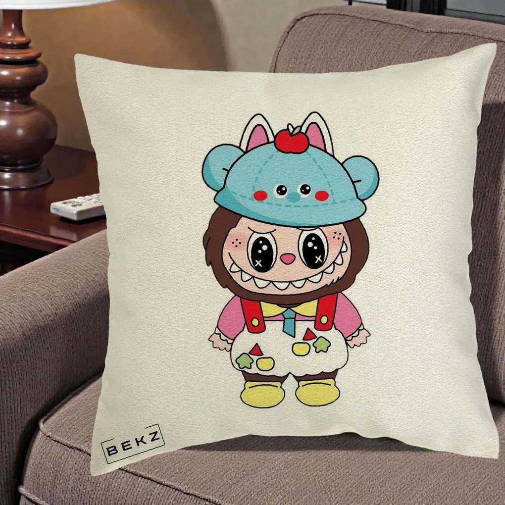 Perna Personalizata Labubu x Urs Albastru Colorat, 40x40 cm, Ecru, Husa Detasabila, Perna Inclusa, BEKZ®