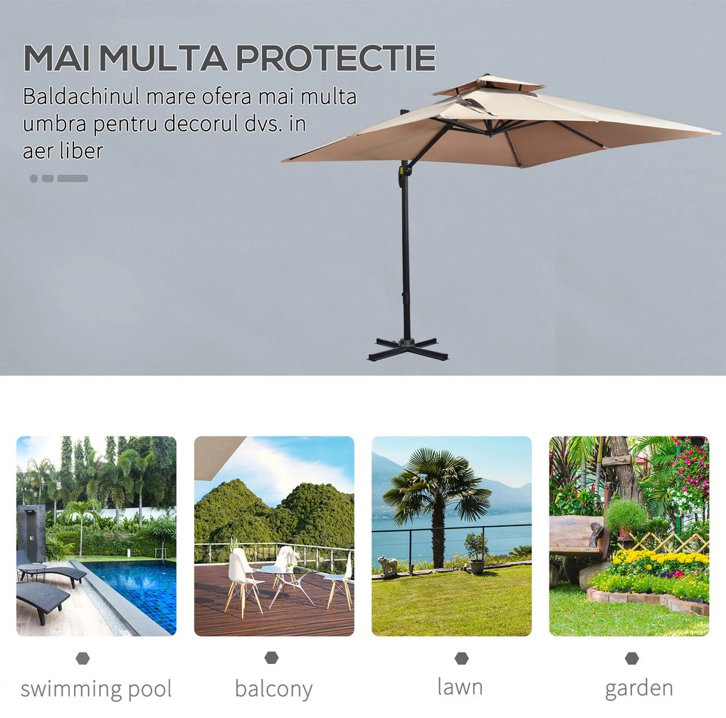Outsunny Umbrela de Soare pentru Gradina 295x295cm Pivotanta la 360° cu Manivela, Umbrela de Soare cu brat cu Inclinare Reglabila, Kaki si Negru | Aosom Romania