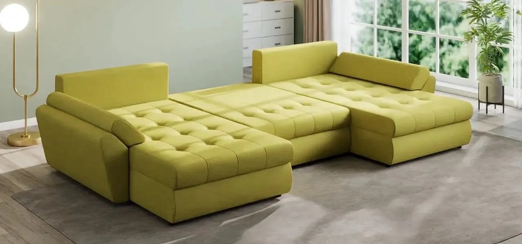 Colțar extensibil dumonde cu ladă de depozitare si sezut confortabil din spuma high-density, Loana U Enjoy Green 355x185 cm