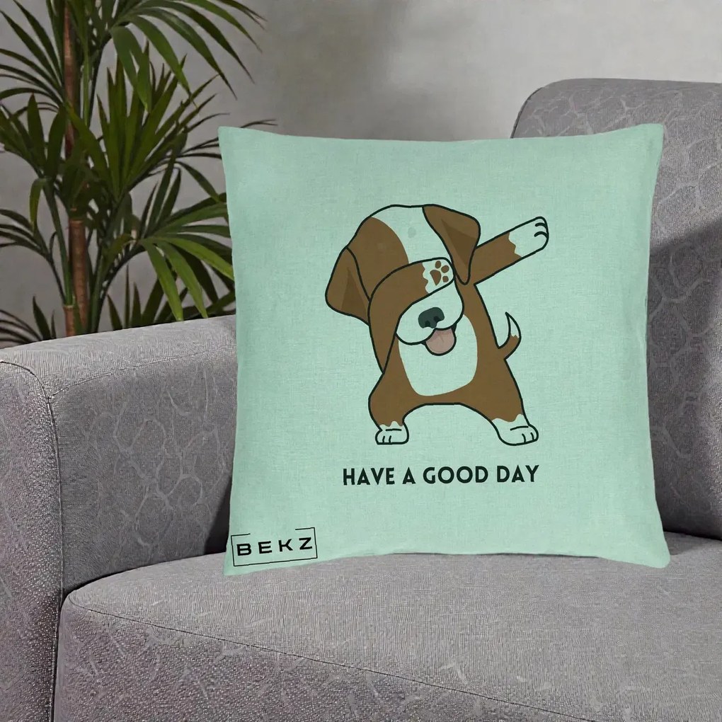 Perna Decorativa Caine Dab Have A Good Day, 40x40 cm, Verde Menta, Husa Detasabila, Perna Inclusa, BEKZ®