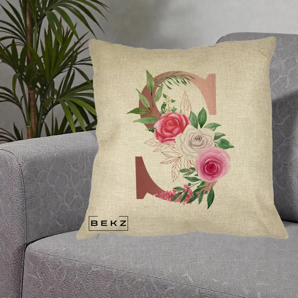 Cadou Personalizat - Perna Personalizata Monograma Rose Gold Litera S, 40x40 cm, Crem, Husa Detasabila, Perna Inclusa, BEKZ®