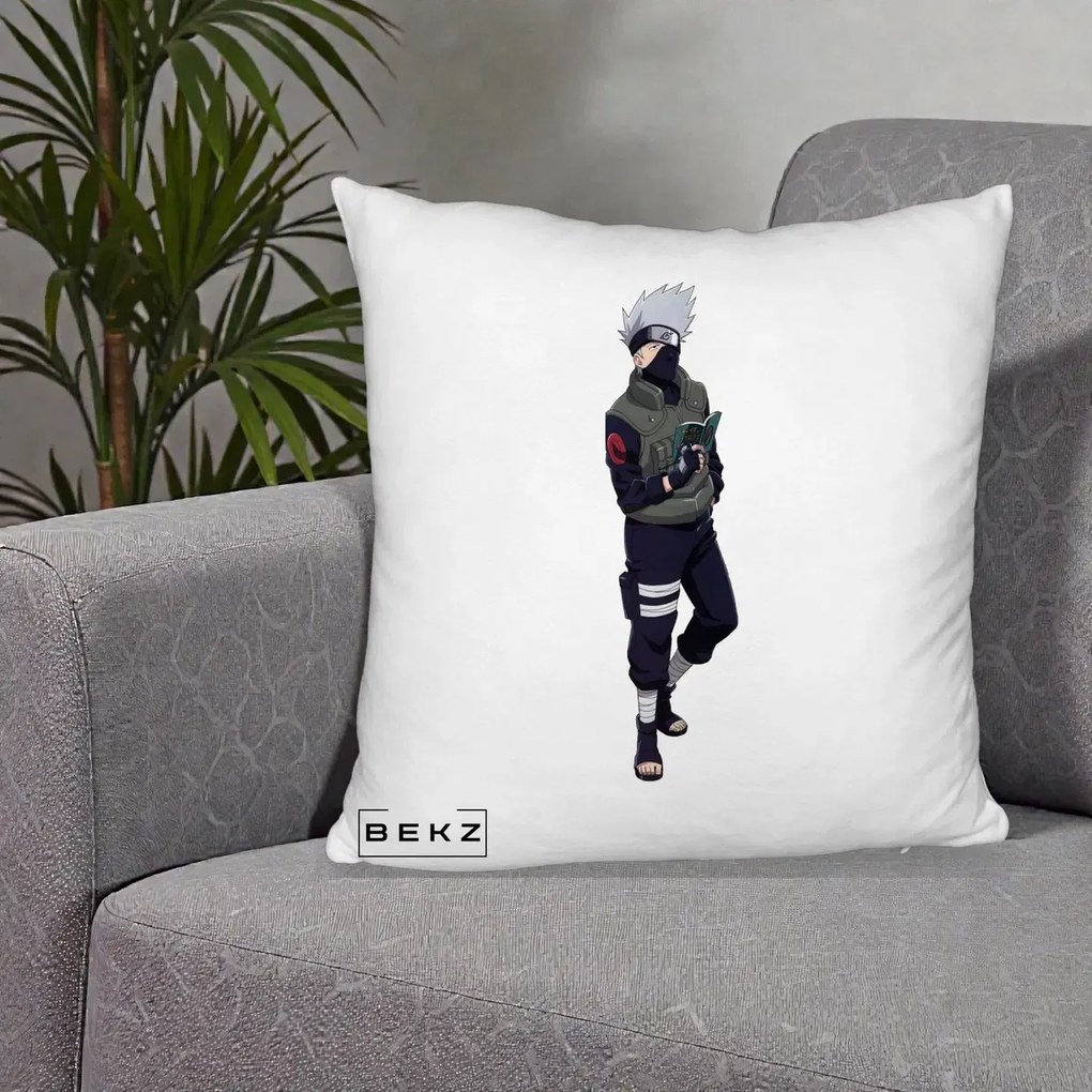 Perna Personalizata Naruto Kakashi Hatake Portret Complet, 40x40 cm, Alb Pufos, Husa Detasabila, Perna Inclusa, BEKZ®